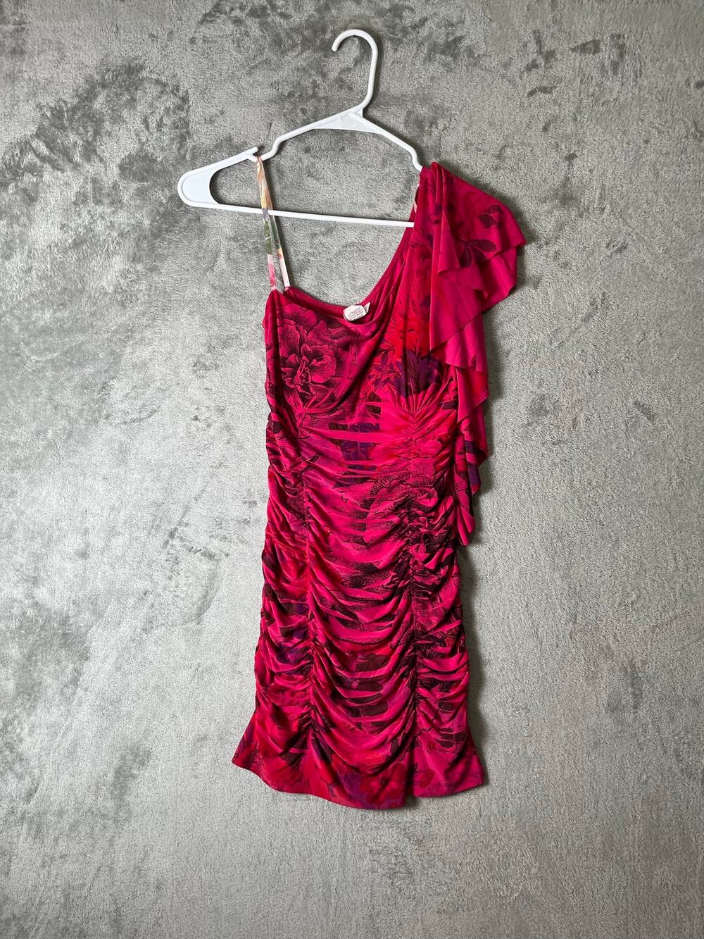 Vintage Y2K Taboo One Shoulder Ruched Mini Dress Pink Floral Ruffle Cocktail S